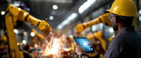 The Worker Monitoring Robotic Automation with a Tablet in a Modern Factory photo
