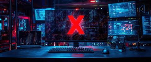 The computer display revealing a cyber security threat illuminated in striking colors. photo