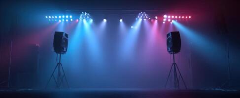 The vibrant stage with colorful lights and powerful speakers ready for an event photo
