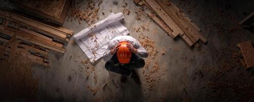 The construction worker contemplating challenges while studying blueprints on-site. photo
