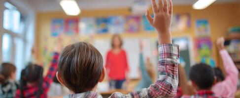 The enthusiastic children raising hands in a vibrant classroom setting photo