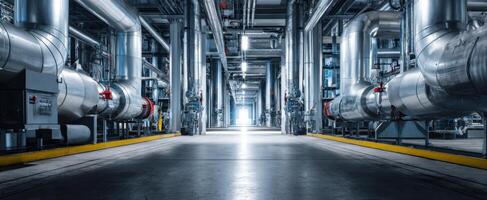 The intricate network of industrial piping in a modern facility environment. photo