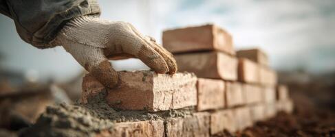 The skilled worker laying bricks with precision on a construction site. photo