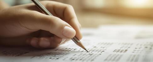 The Hand Holding a Pencil Annotating Important Educational Documents photo