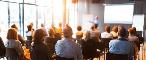 The audience engaged in a presentation during a modern corporate seminar. photo
