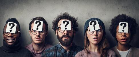 The group of diverse individuals expressing curiosity with question marks. photo