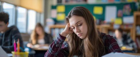 The thoughtful student engaged in intensive study in a modern classroom environment. photo