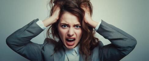 The woman expressing intense frustration and emotional turmoil in a business setting. photo
