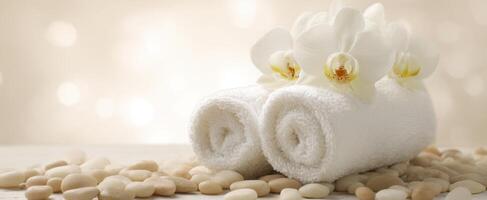 The towels adorned with orchids on a serene spa background. photo