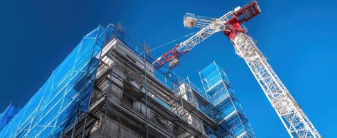 The construction crane towering over a developing building site against a blue sky. photo