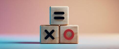 The wooden blocks showing X, O, and equality symbol in a playful arrangement. photo