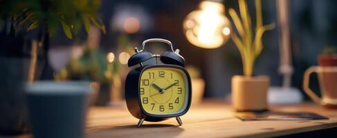 The classic alarm clock on a stylish wooden table with soft lighting. photo