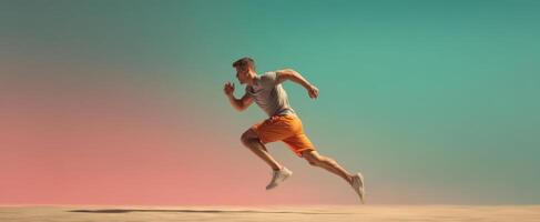 The young man running with energy against a vibrant, colorful backdrop. photo