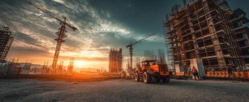 The vibrant construction site showcasing machinery at sunset with a bustling atmosphere. photo