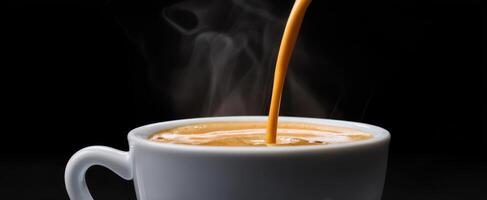 The steaming coffee pouring into a pristine white cup. photo