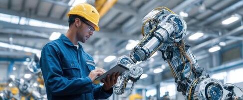 The Industrial Engineer Interacting with a Robotic Arm in a Modern Factory Environment photo
