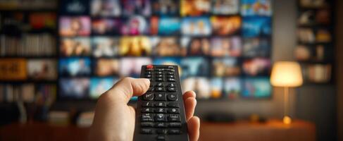 A person holding a remote control in front of a television photo