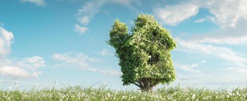 The Majestic Tree Standing Alone in a Lush Green Meadow Under Clear Skies photo