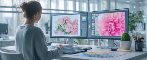 The Professional Woman Creating Stunning Floral Art in a Modern Workspace. photo