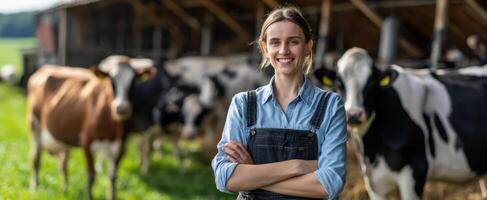 The smiling woman standing proudly among cows on a sunny farm. photo