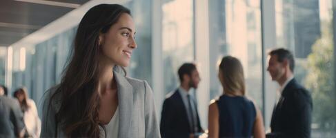 The confident woman smiling in a vibrant corporate networking environment. photo