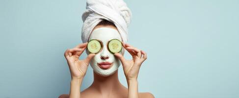 The serene woman enjoying a refreshing cucumber facial mask at home. photo