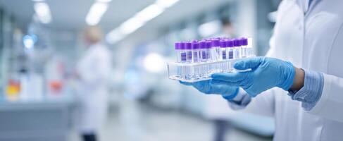 The laboratory technician holding test tubes in a modern research facility. photo