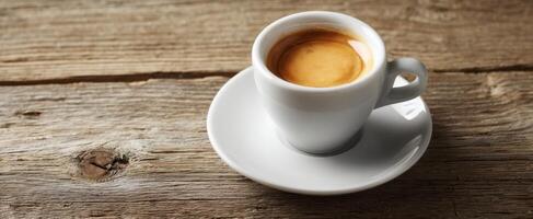 The espresso cup sitting on a rustic wooden table inviting warmth and comfort. photo