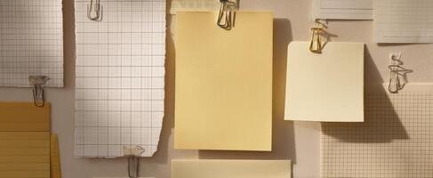 The collection of assorted papers and notes arranged on a workspace wall. photo