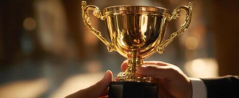 The golden trophy held by hands in a celebratory moment of victory. photo