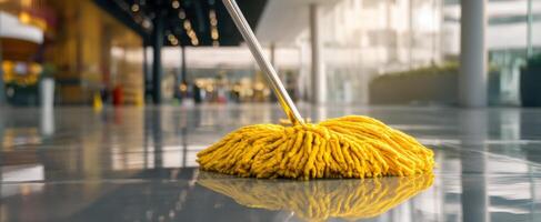 The mop cleaning a shiny floor in a modern commercial space. photo