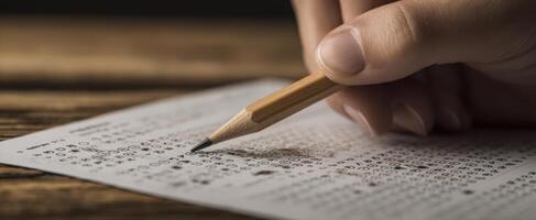 The hand using a pencil to fill answers on an exam sheet. photo