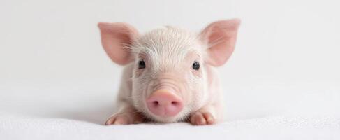 The adorable baby pig resting peacefully with big bright eyes. photo