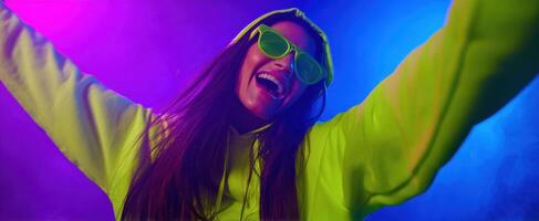 The vibrant celebration of energy and joy in a neon party setting. photo