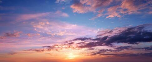 The breathtaking sunset illuminating the sky with vibrant colors and serene clouds. photo