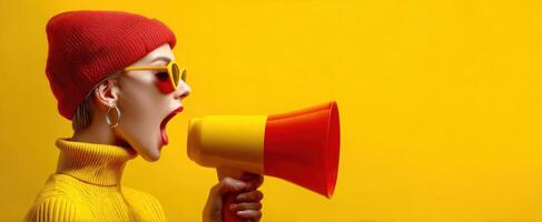 The woman with a megaphone expressing dynamic confidence against a bright yellow background photo