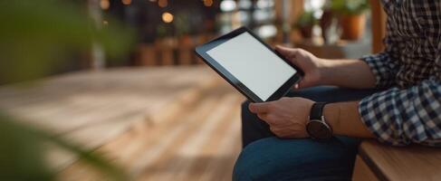 The tablet resting in hands at a cozy caf setting. photo