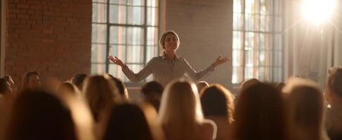 The Speaker Engaging a Captivated Audience in a Motivational Setting photo