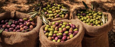 The beautiful burlap sacks filled with fresh Mediterranean olives. photo