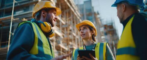 The construction team collaborating on a project at a busy building site. photo