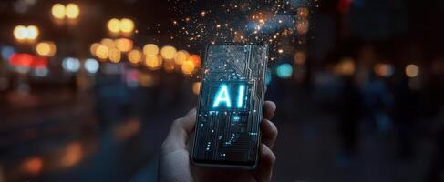The smartphone showcasing artificial intelligence against a vibrant urban backdrop. photo