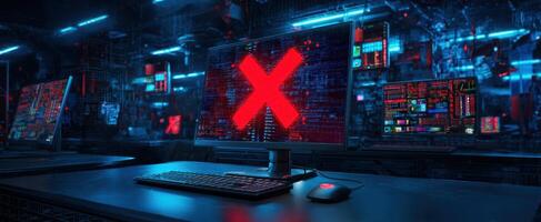 The computer screen with a red error symbol in a high-tech workspace. photo