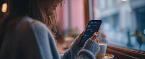 The girl using a smartphone while enjoying coffee in a cozy cafe setting. photo