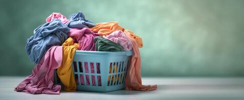 The vibrant laundry basket overflowing with colorful, wrinkled clothes ready for washing. photo