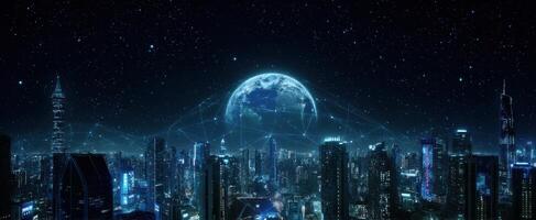 The breathtaking city skyline illuminated under a cosmic network and glowing globe. photo