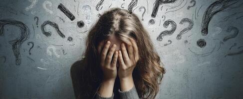 The girl overwhelmed by confusion and questions in her mind photo
