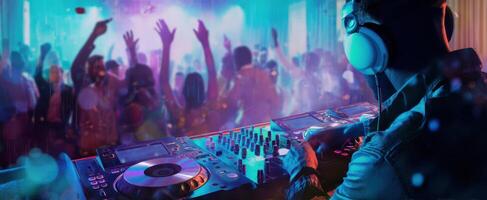 The DJ creating vibrant energy at a lively nightlife party scene. photo