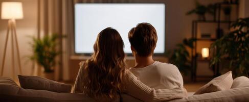 The couple enjoying a cozy movie night together at home. photo