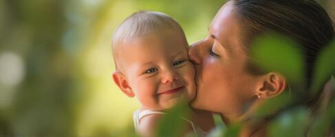 The loving embrace of a mother sharing joy with her smiling baby. photo