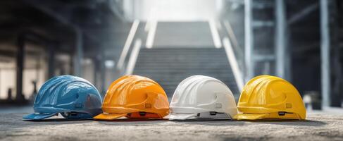 The vibrant collection of safety helmets showcasing colors in a construction environment. photo
